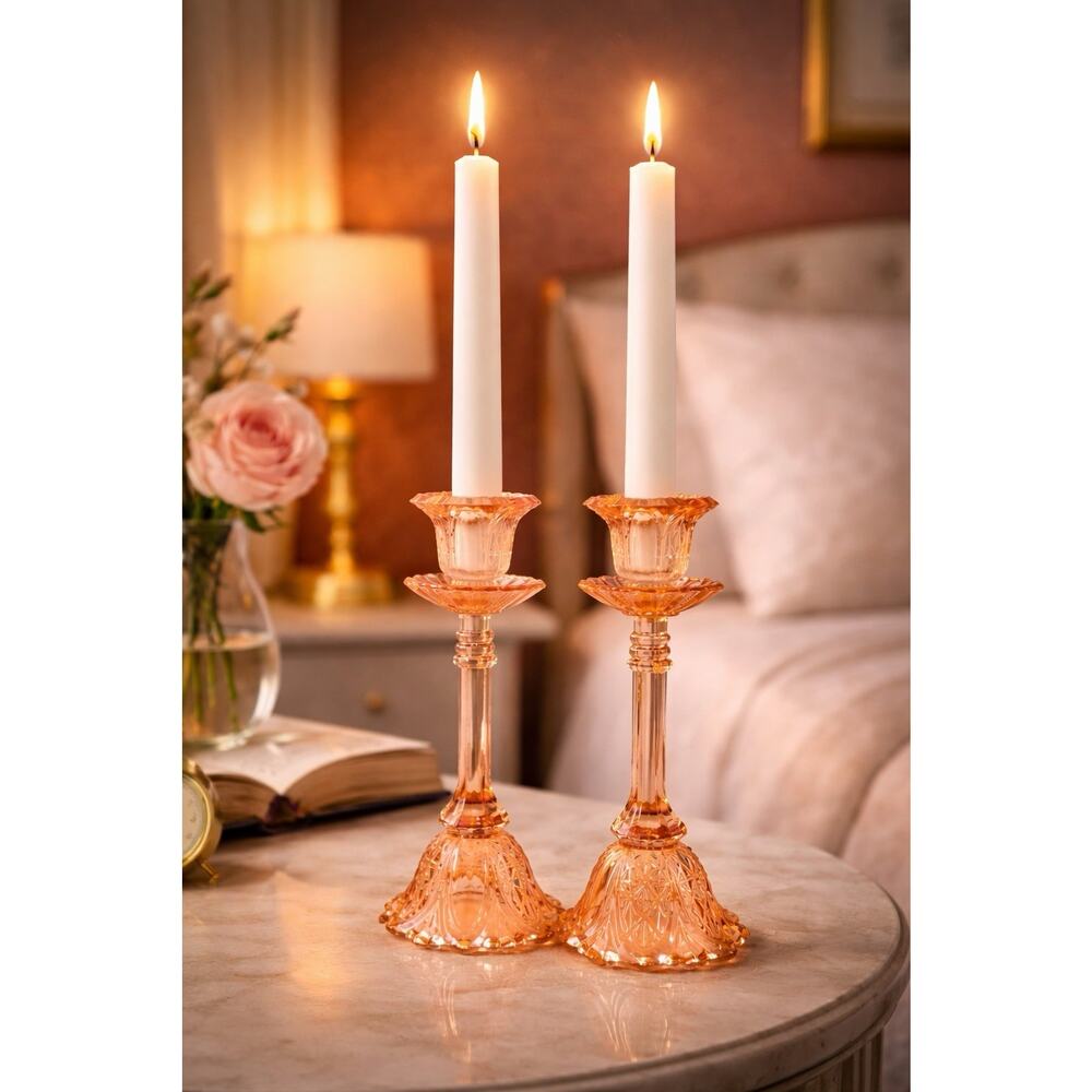 Vallerysthal Portieux Bavards Pink Glass 10" Candlesticks Pair Set Of 2 Rare